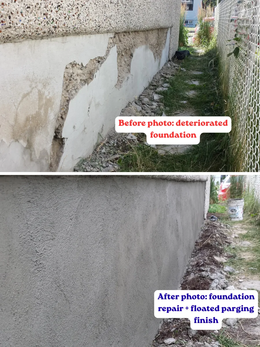 Before and after deteriorated foundation parging repair with floated acrylic finish, Calgary