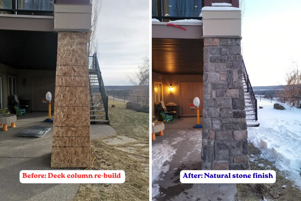 Natural-stone deck column rebuilt by Stucco Experts in Calgary