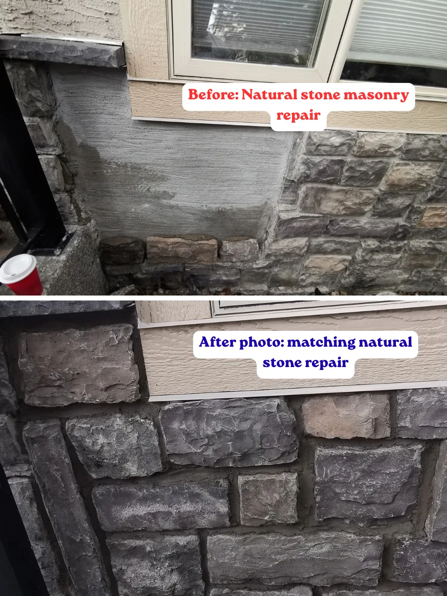 Before and after natural stone masonry repair with matched stone, Calgary