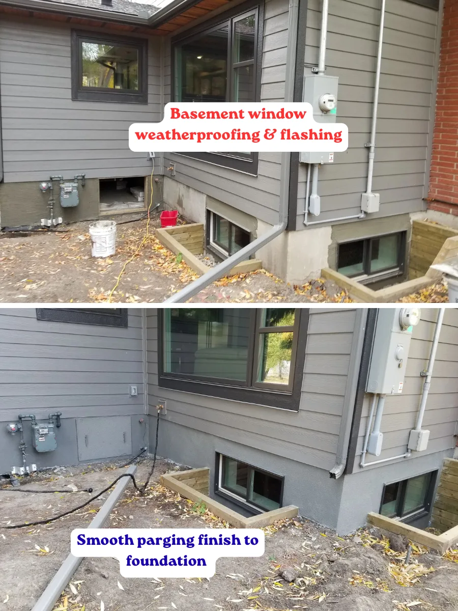 Before and after: basement window weatherproofed with proper flashing and finished with smooth parging over the foundation, Calgary