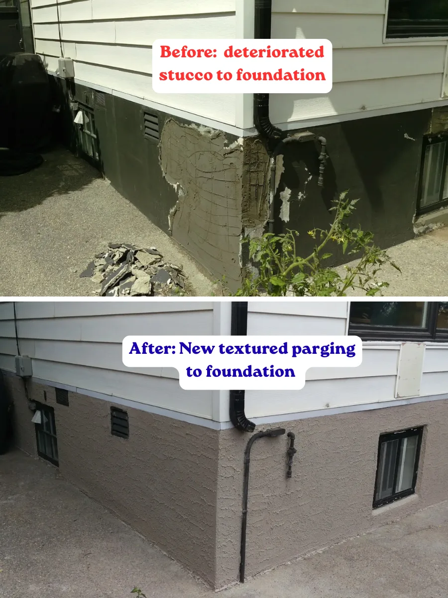 Before and after: deteriorated stucco foundation rebuilt with a new textured parging coat on a Calgary home