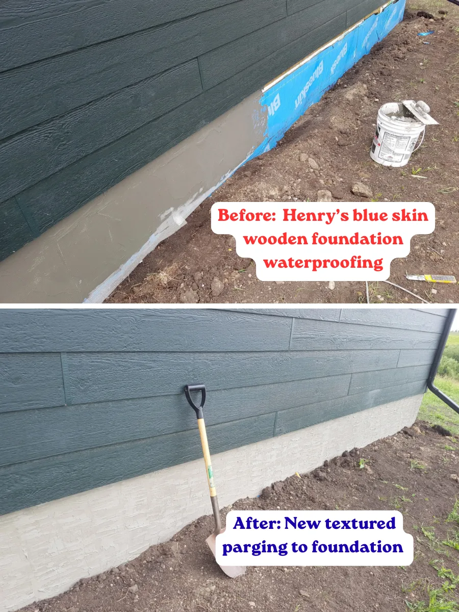 Before and after: wooden foundation waterproofed with Henry's Blueskin and finished in a textured parging coat, Calgary
