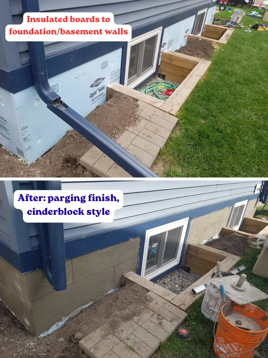 Before and after: foundation insulated with rigid boards and finished in a cinderblock-style parging coat in Calgary