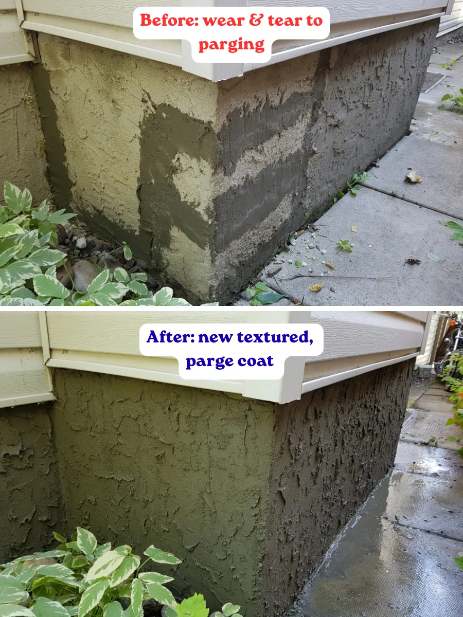 Before and after: worn, deteriorated parging stripped and replaced with a fresh textured parge coat in Calgary