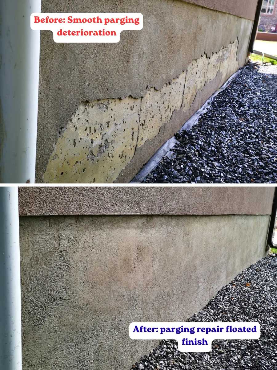 Before and after: deteriorated smooth parging repaired and refinished with a clean floated finish on a Calgary foundation