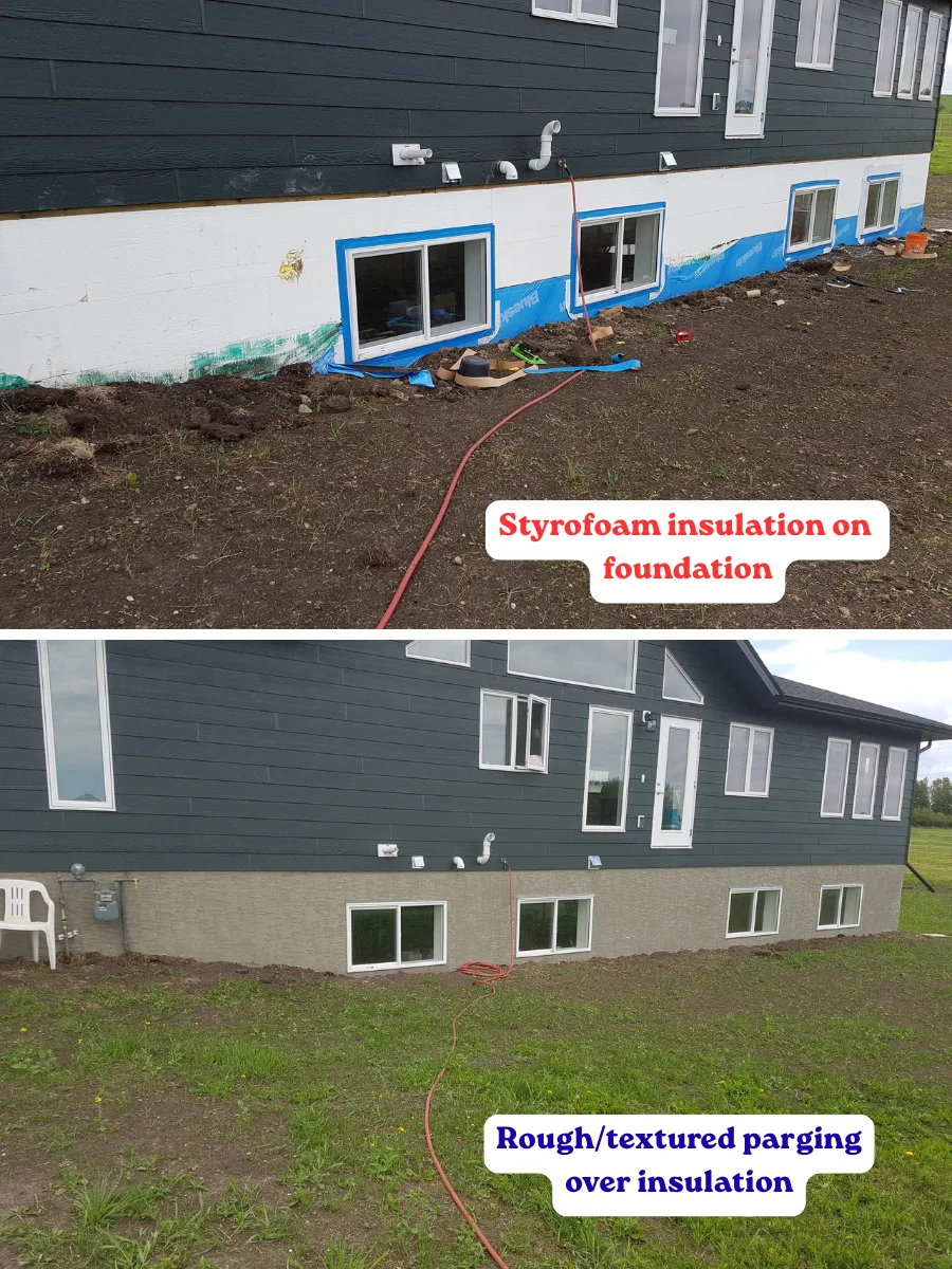 Before and after: foundation insulated with Styrofoam boards and finished in a rough-textured parging, Calgary