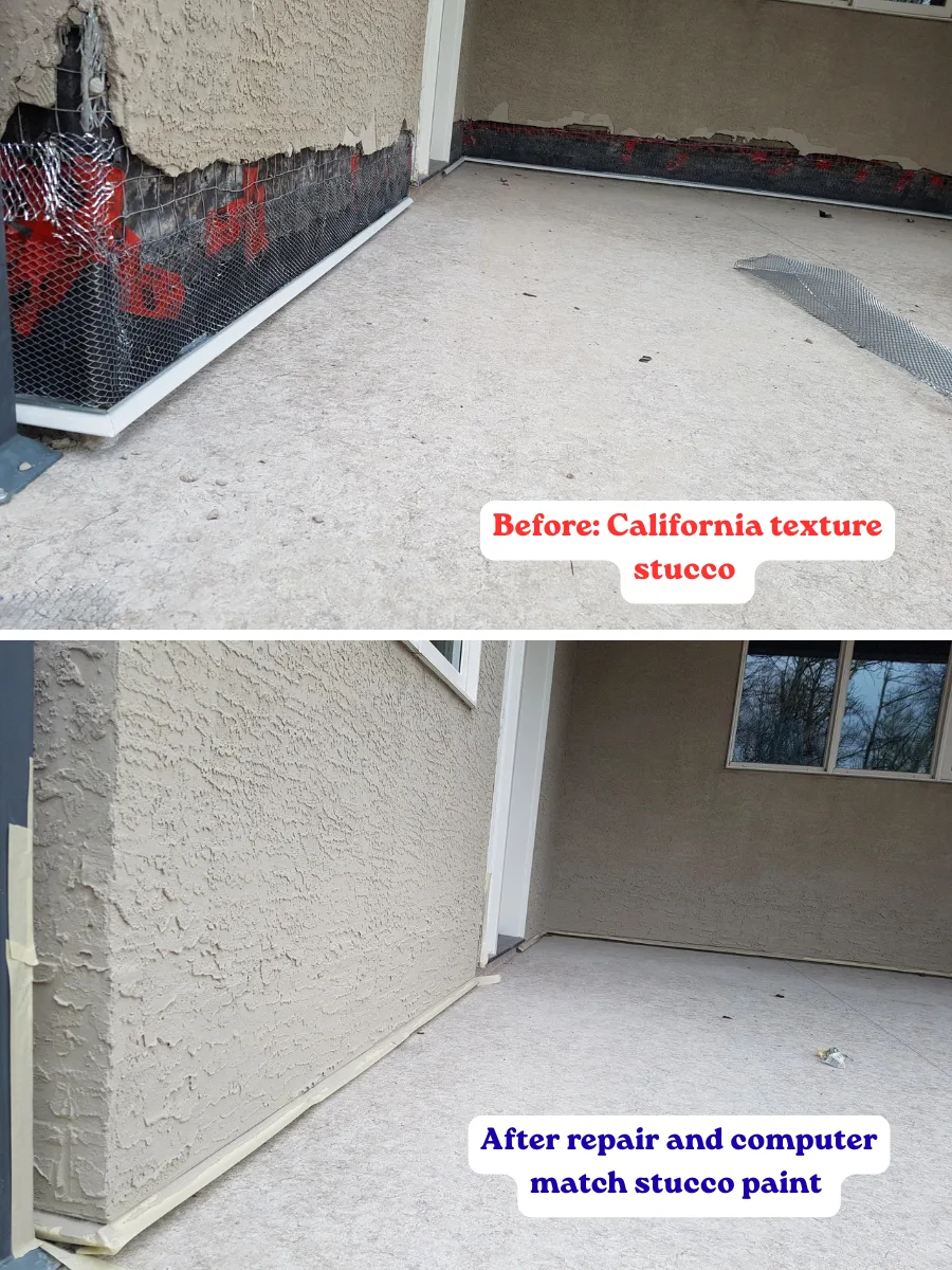 Before and after California texture stucco repair with computer-matched paint, Calgary