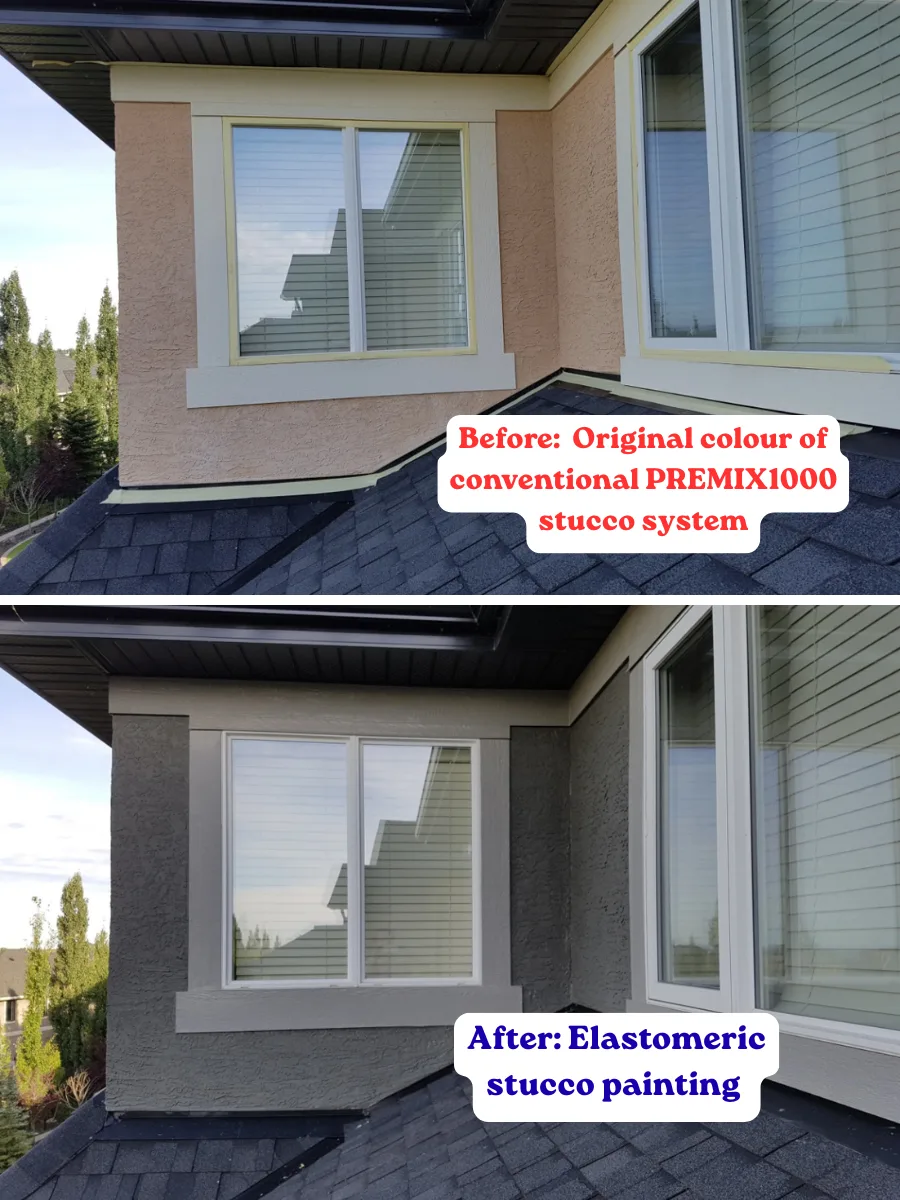 Before and after of PREMIX1000 elastomeric stucco painting in Calgary