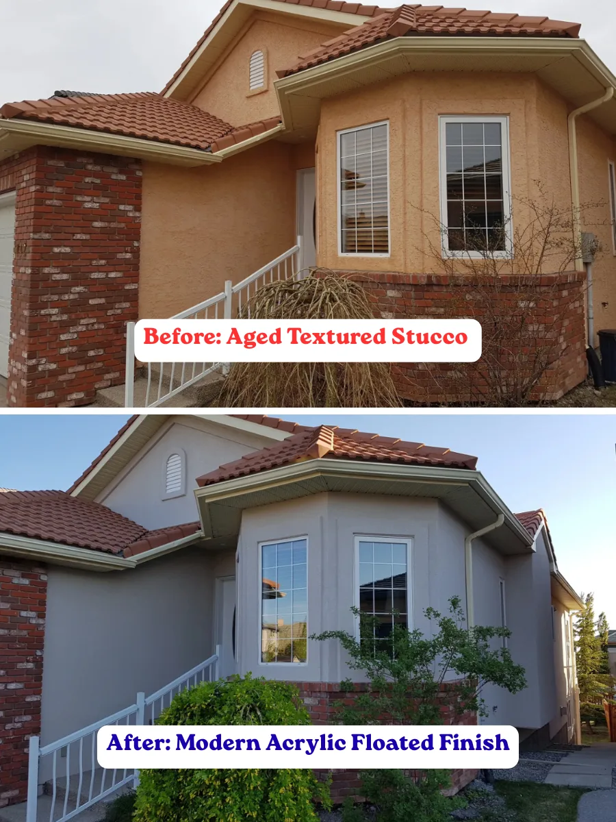 Before and after: aged, weathered textured stucco refinished with a modern acrylic floated coat on a Calgary home