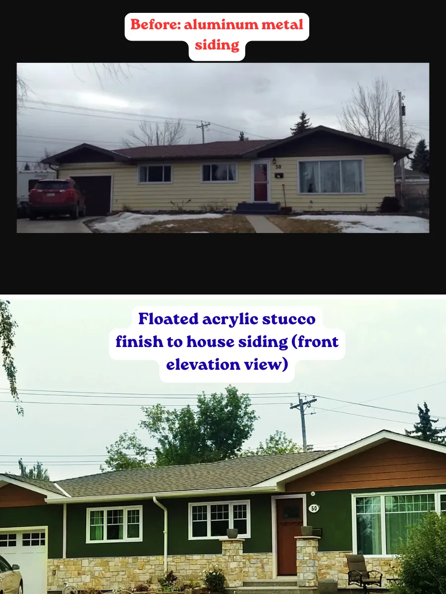 Before and after: dated aluminum metal siding replaced with floated acrylic stucco on a Calgary house front elevation