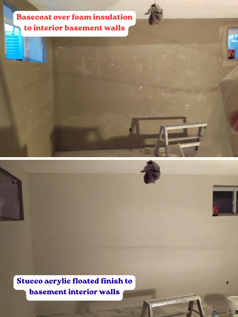 Before and after: basement interior walls insulated with foam board and finished in acrylic floated stucco, Calgary