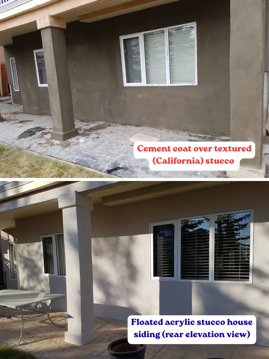 Before and after: California-style cement-coat stucco refinished with a floated acrylic top coat on a Calgary rear elevation