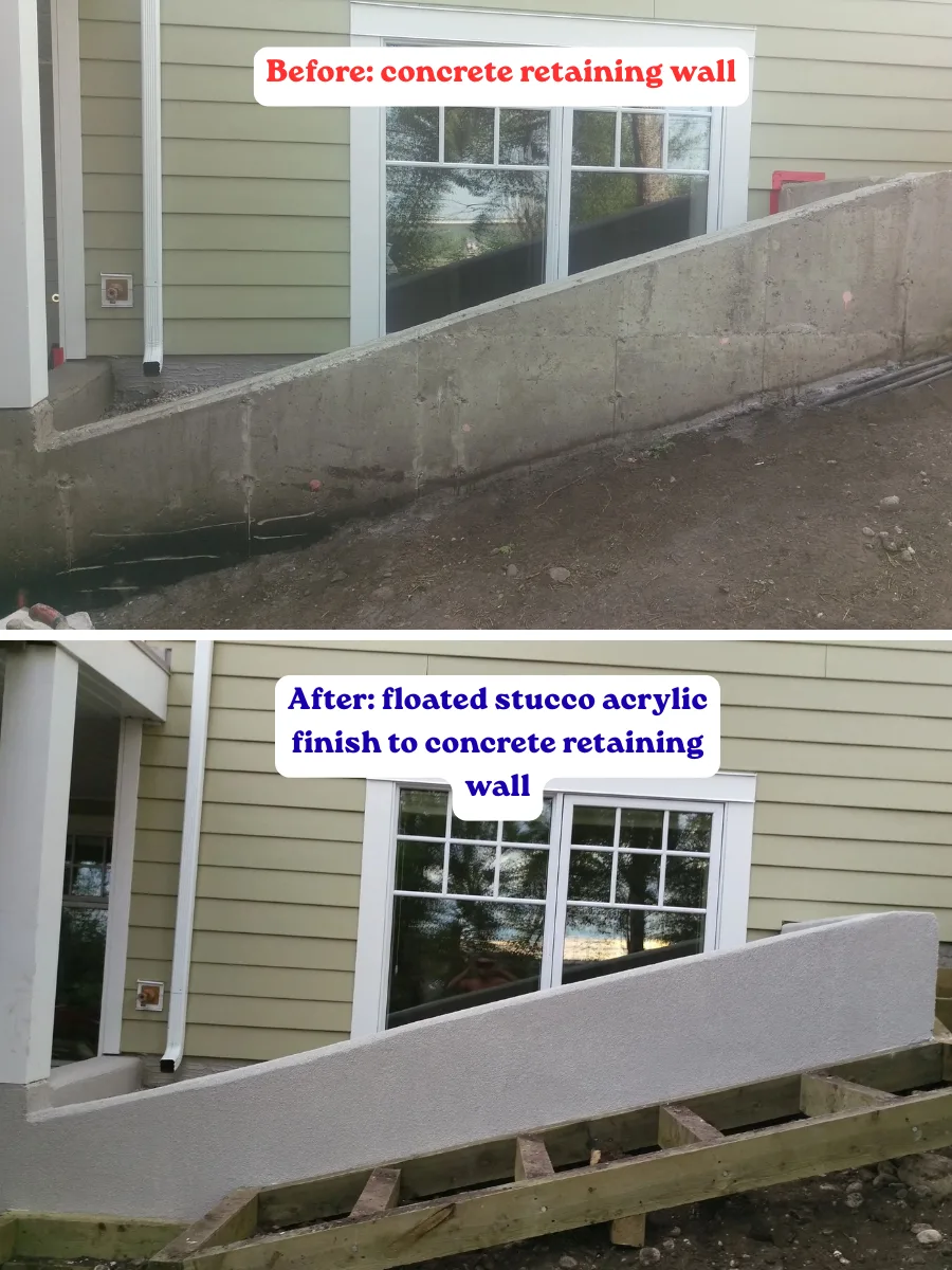 Before and after: concrete retaining wall refinished with a floated acrylic stucco coat in Calgary