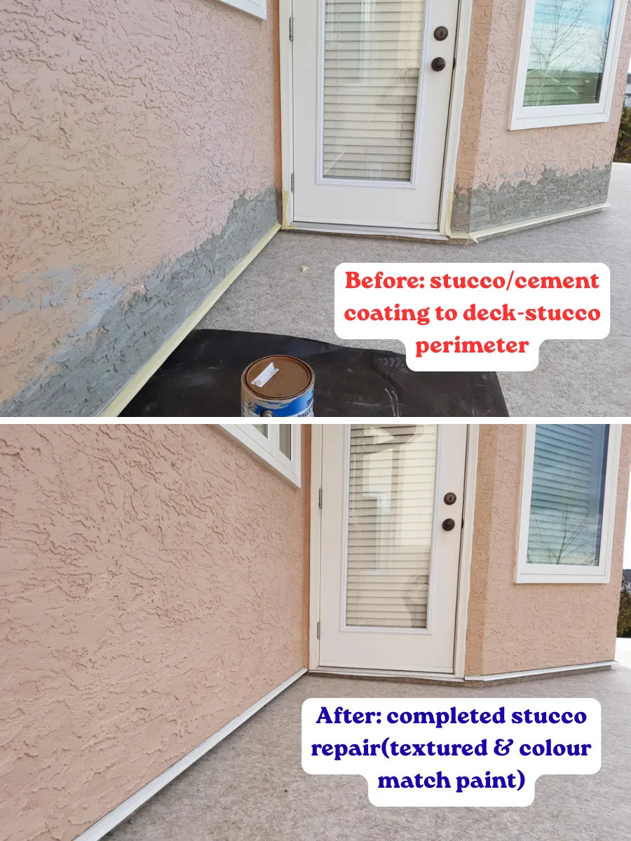 Before and after: deck-perimeter stucco repaired and colour-matched with textured paint on a Calgary home