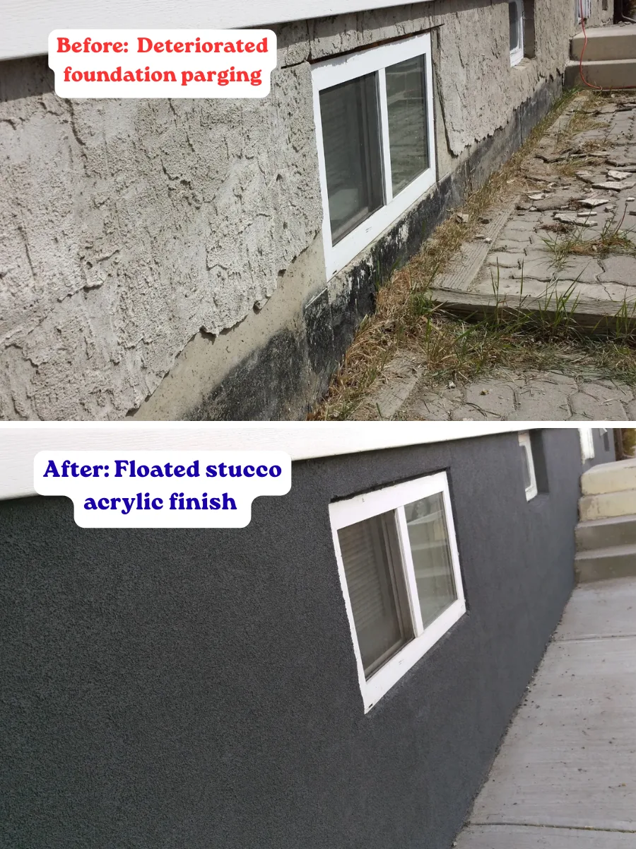 Before and after: deteriorated foundation parging restored with a floated acrylic stucco finish on a Calgary home