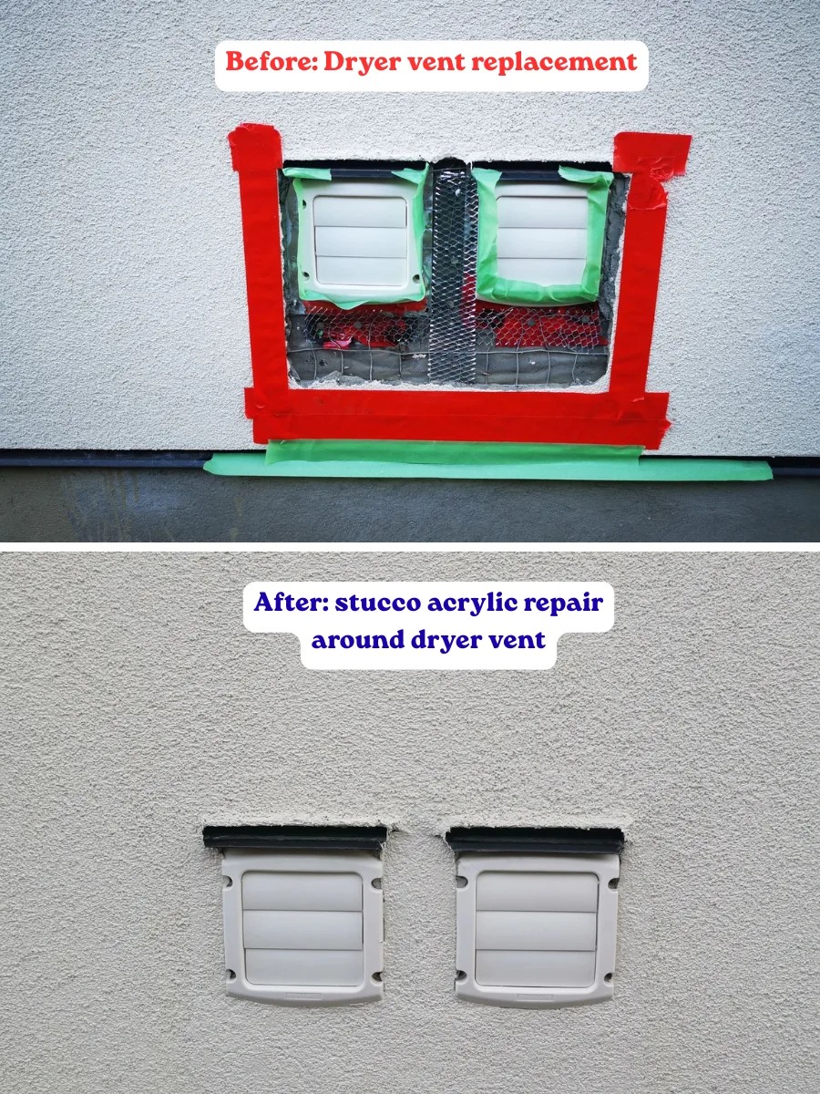 Before and after: dryer vent replaced and surrounding acrylic stucco patched seamlessly on a Calgary exterior
