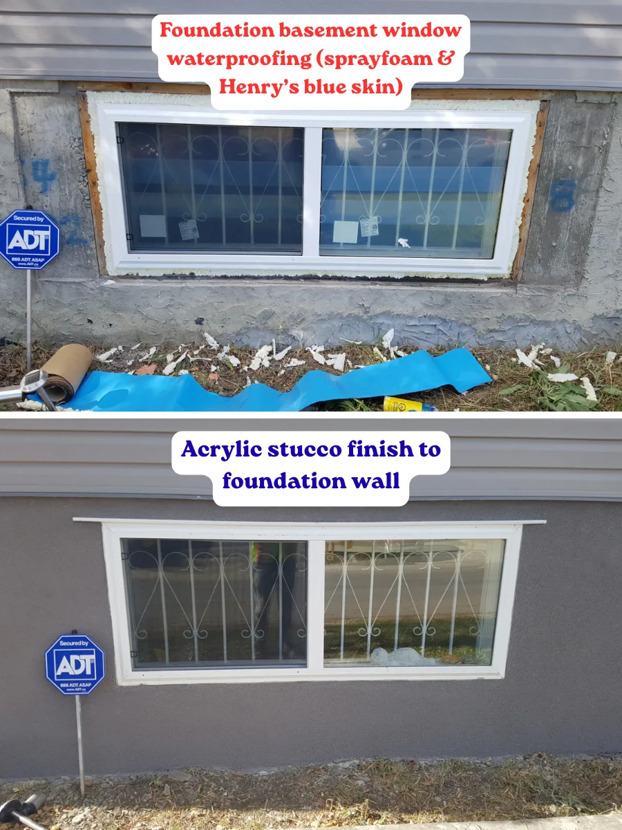 Before and after: foundation and basement window waterproofed and refinished in acrylic stucco on a Calgary home