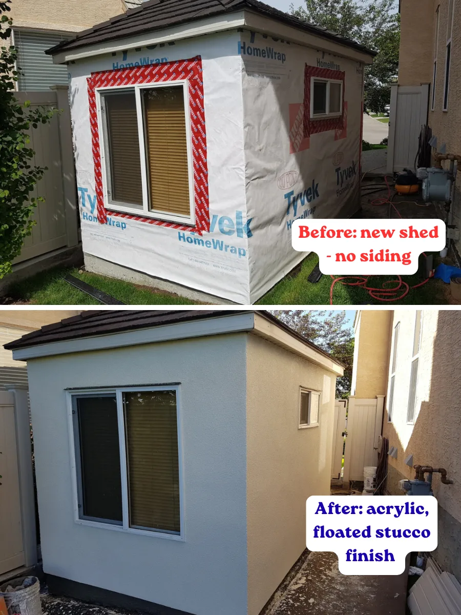 Before and after: new backyard shed coated in a clean acrylic floated stucco finish, Calgary