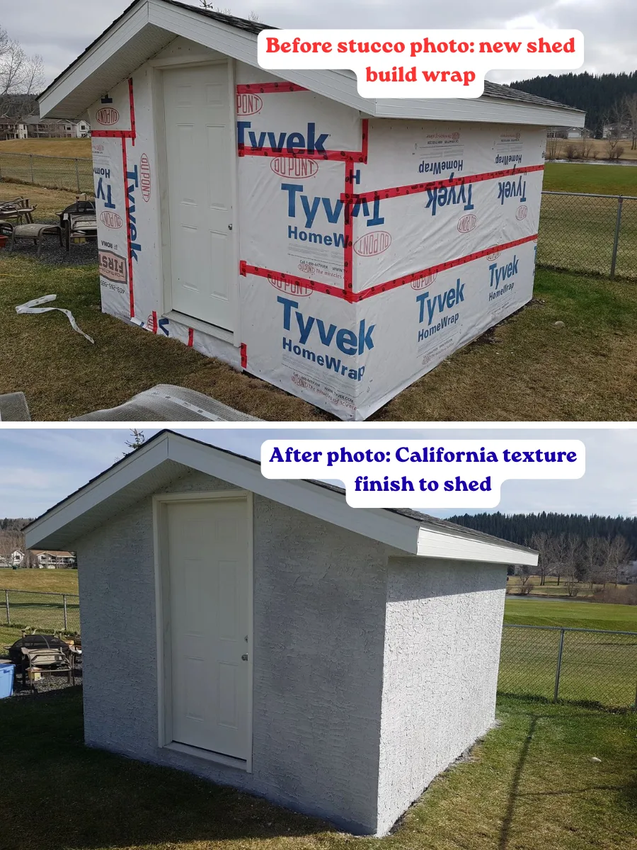 Before and after: new shed wrapped and finished with California-texture stucco in Calgary