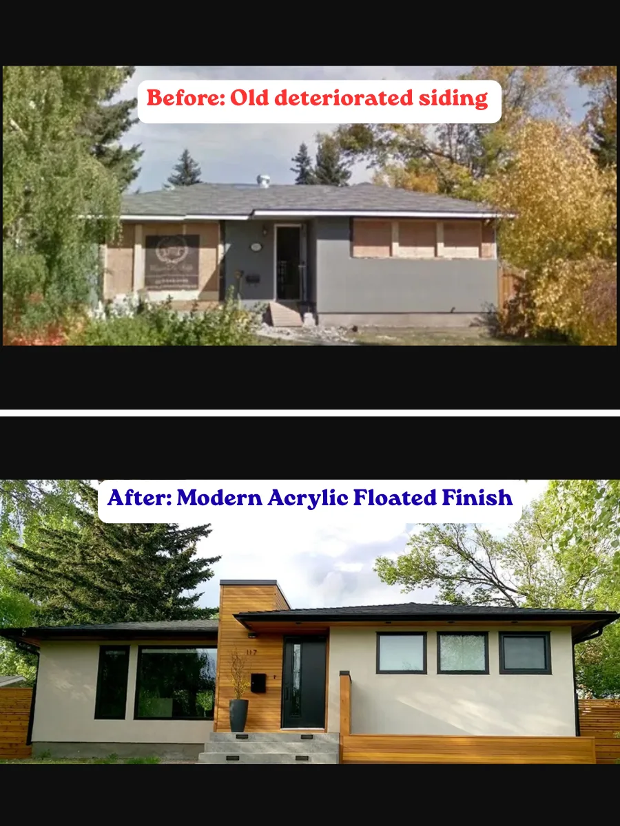 Before and after: old, deteriorated siding stripped and replaced with a modern acrylic floated stucco finish in Calgary