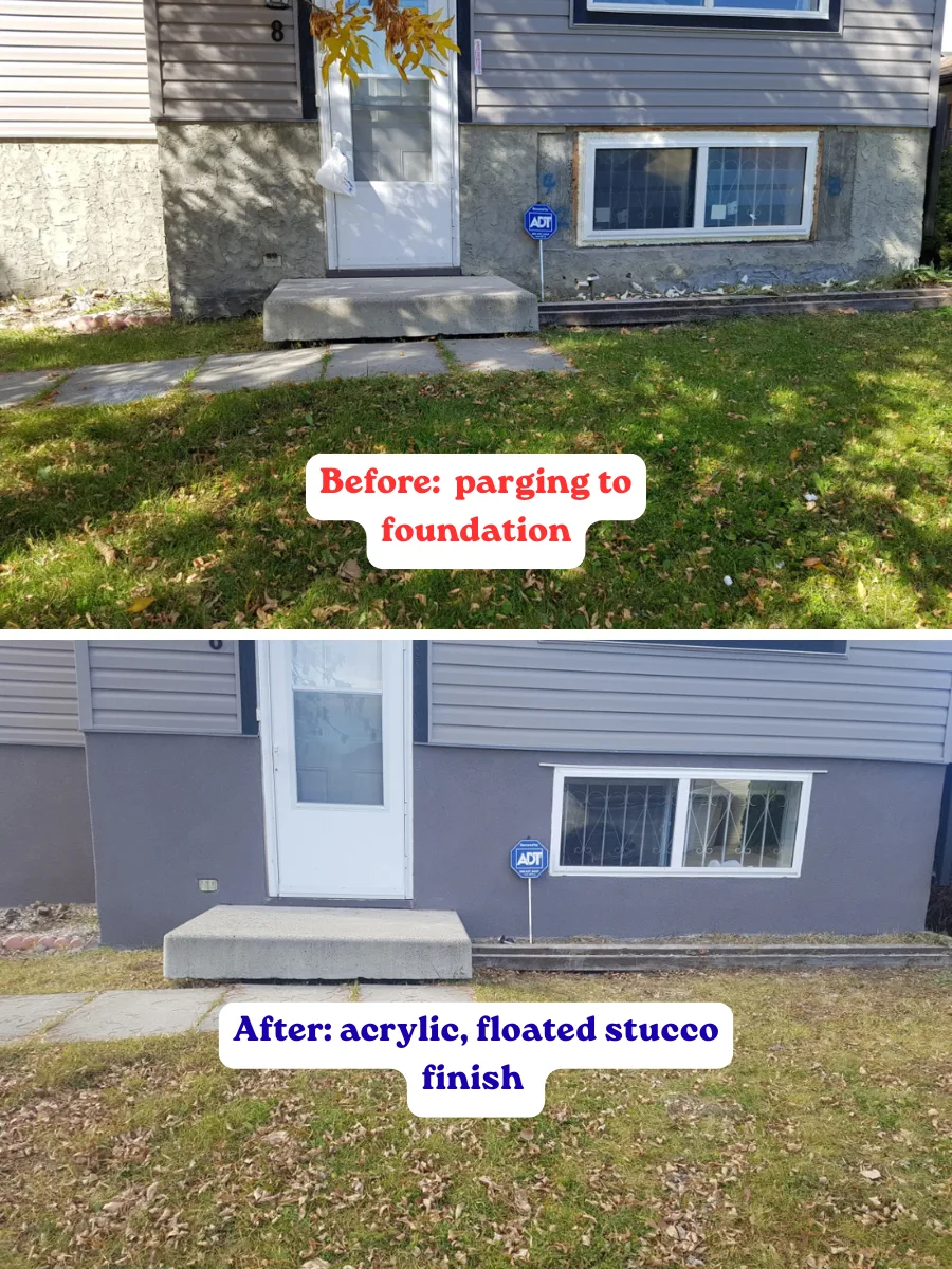 Before and after: foundation parging restored and topped with a floated acrylic stucco finish, Calgary