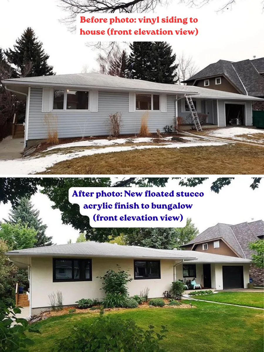 Before and after: Calgary bungalow front elevation with vinyl siding replaced by a smooth floated acrylic stucco finish