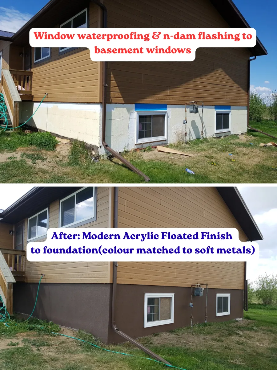 Before and after: basement window waterproofed with N-dam flashing and finished in modern acrylic floated stucco, Calgary