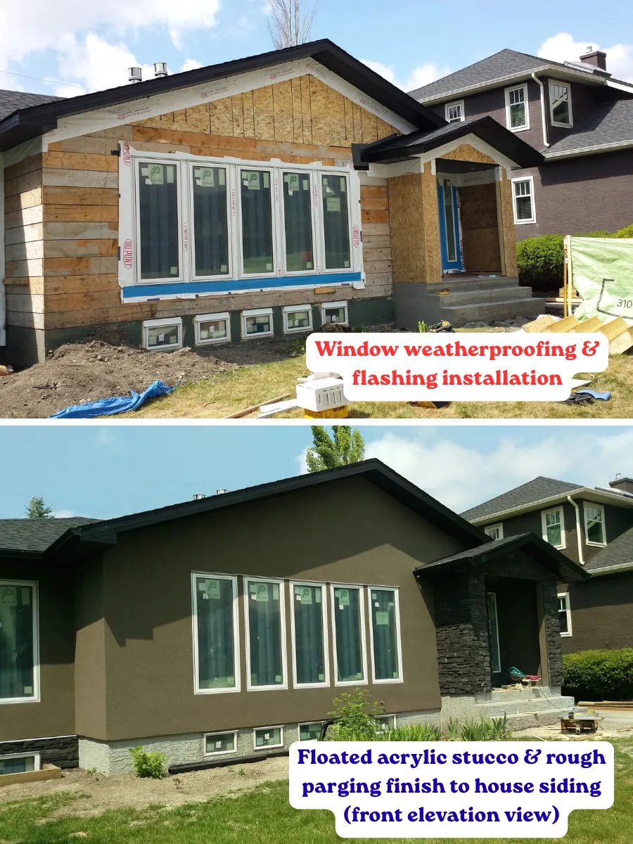 Before and after: window weatherproofing and flashing combined with floated acrylic stucco over rough parging on a Calgary foundation